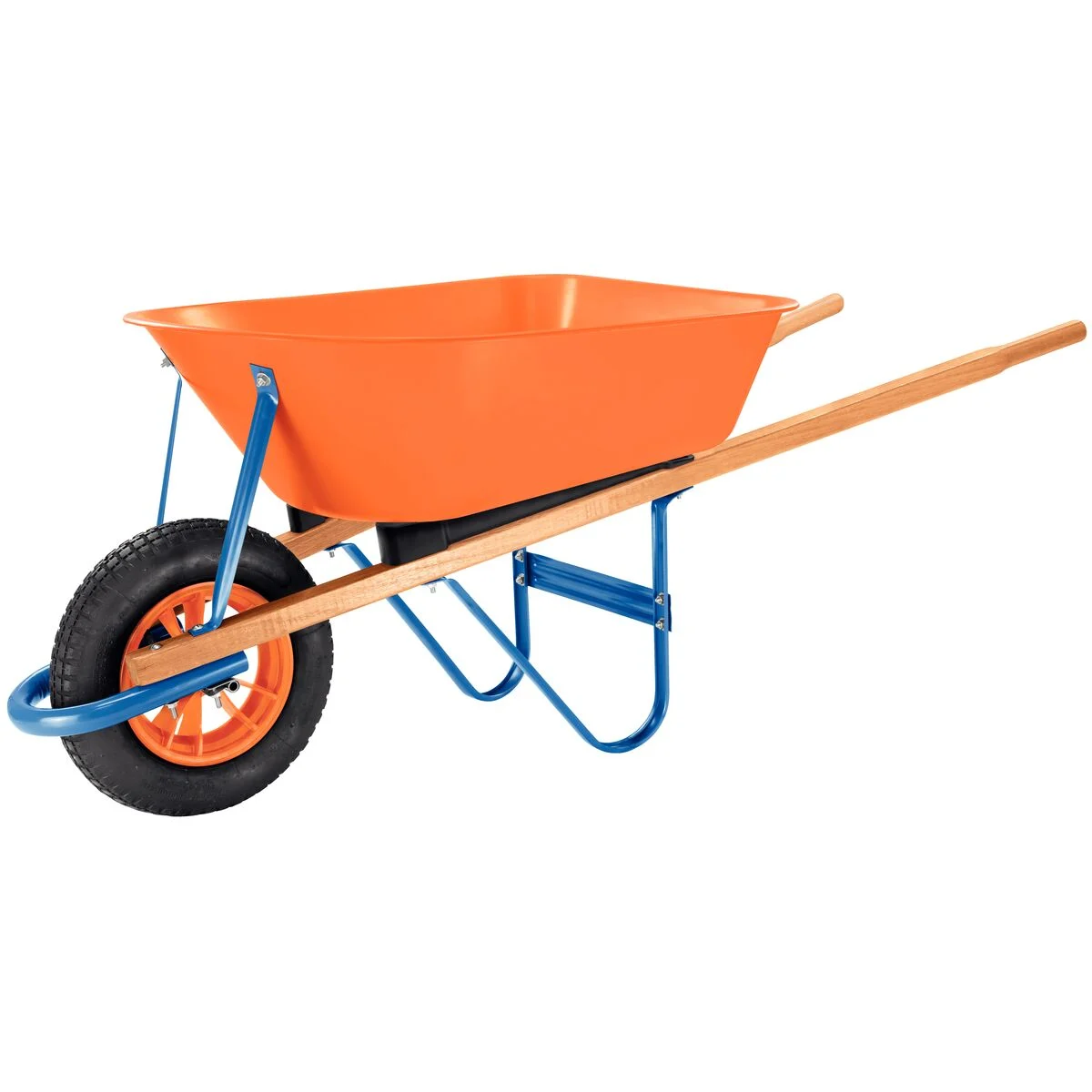 CARRINHO DE MÃO TRAMONTINA COM CAÇAMBA FUNDA PLÁSTICA LARANJA 55L, BRAÇO DE MADEIRA E PNEU COM CÂMARA - 77717421