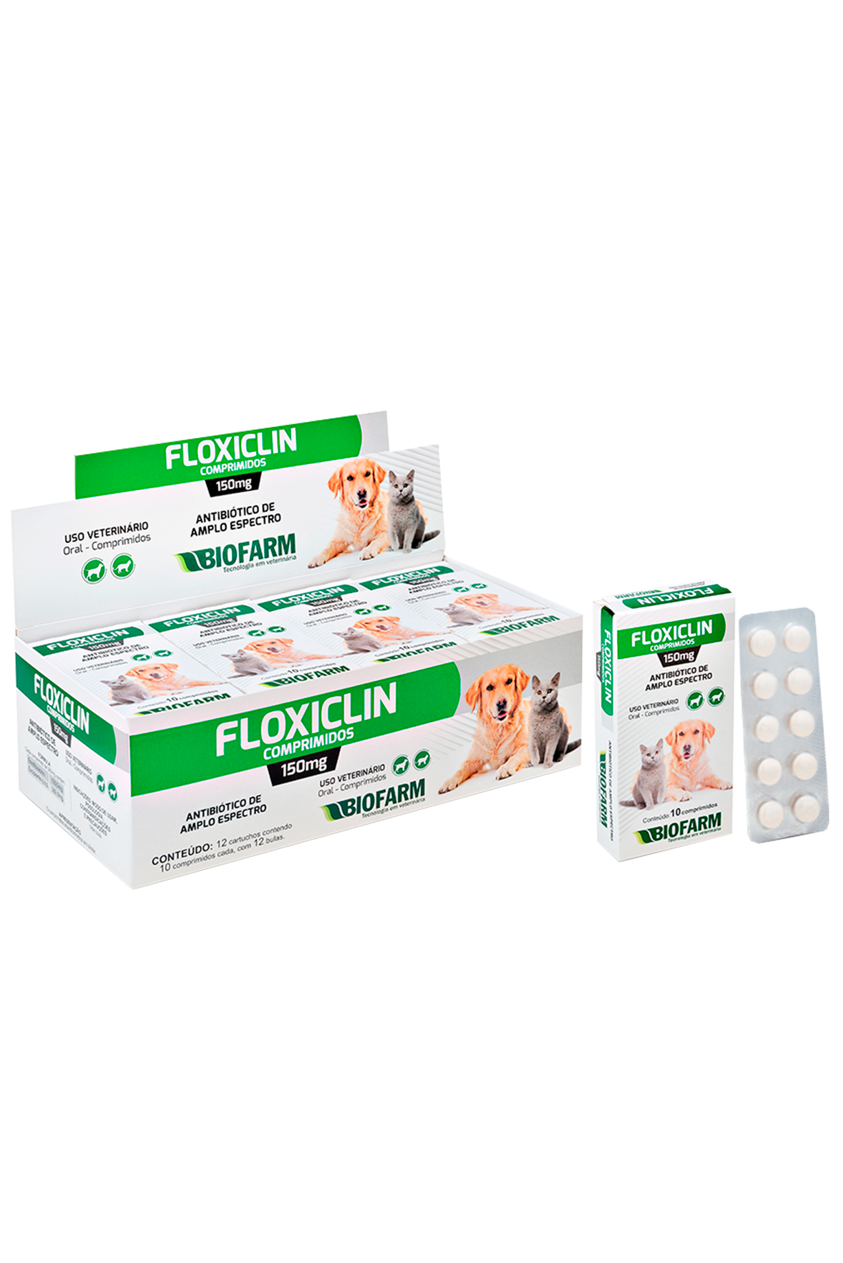 ANTIBIÓTICO DE AMPLO ESPECTRO FLOXICLIN PARA CÃES E GATOS 150MG 10 COMPRIMIDOS - BIOFARM