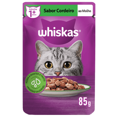 RAÇÃO ÚMIDA WHISKAS SACHÊ CORDEIRO AO MOLHO PARA GATOS ADULTOS 85G