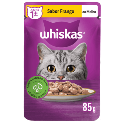 RAÇÃO ÚMIDA WHISKAS SACHÊ FRANGO AO MOLHO PARA GATOS ADULTOS 85G