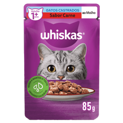 RAÇÃO ÚMIDA WHISKAS SACHÊ CARNE AO MOLHO PARA GATOS ADULTOS CASTRADOS 85G