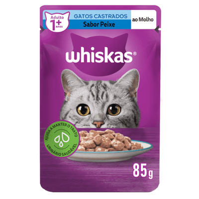 RAÇÃO ÚMIDA WHISKAS SACHÊ PEIXE AO MOLHO PARA GATOS ADULTOS CASTRADOS 85G