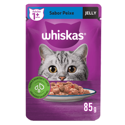 RAÇÃO ÚMIDA WHISKAS SACHÊ PEIXE JELLY PARA GATOS ADULTOS 85G