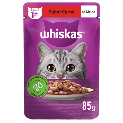 RAÇÃO ÚMIDA WHISKAS SACHÊ CARNE AO MOLHO PARA GATOS ADULTOS 85G