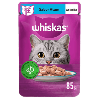 RAÇÃO ÚMIDA WHISKAS SACHÊ ATUM AO MOLHO PARA GATOS ADULTOS 85G