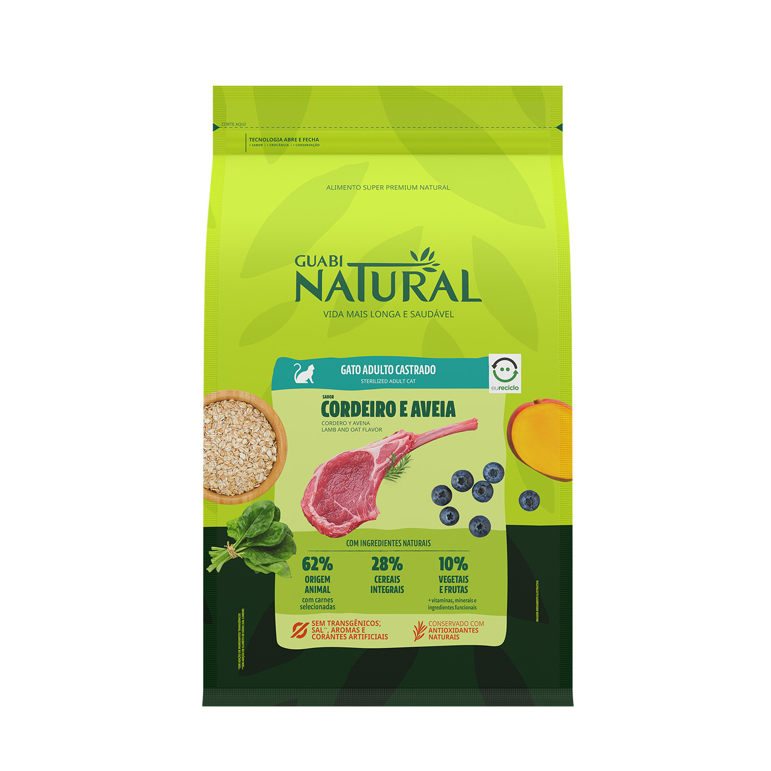RAÇÃO GUABI NATURAL GATO ADULTO CASTRADO CORDEIRO E AVEIA 1,5KG