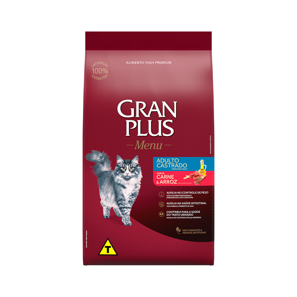 RAÇÃO GRANPLUS MENU GATO CASTRADO CARNE E ARROZ 10,1KG