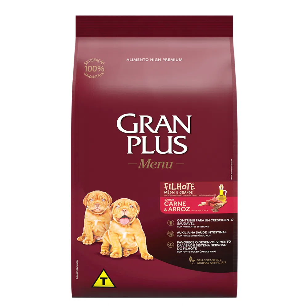 RAÇÃO GRANPLUS MENU CÃO FILHOTE MÉDIO E GRANDE CARNE E ARROZ 15KG