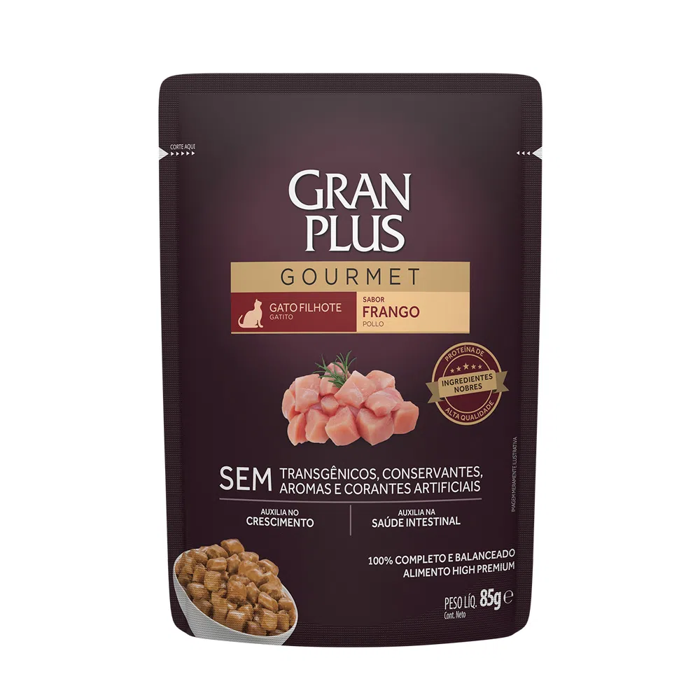 RAÇÃO ÚMIDA GRANPLUS GOURMET SACHÊ GATO FILHOTE FRANGO 85G