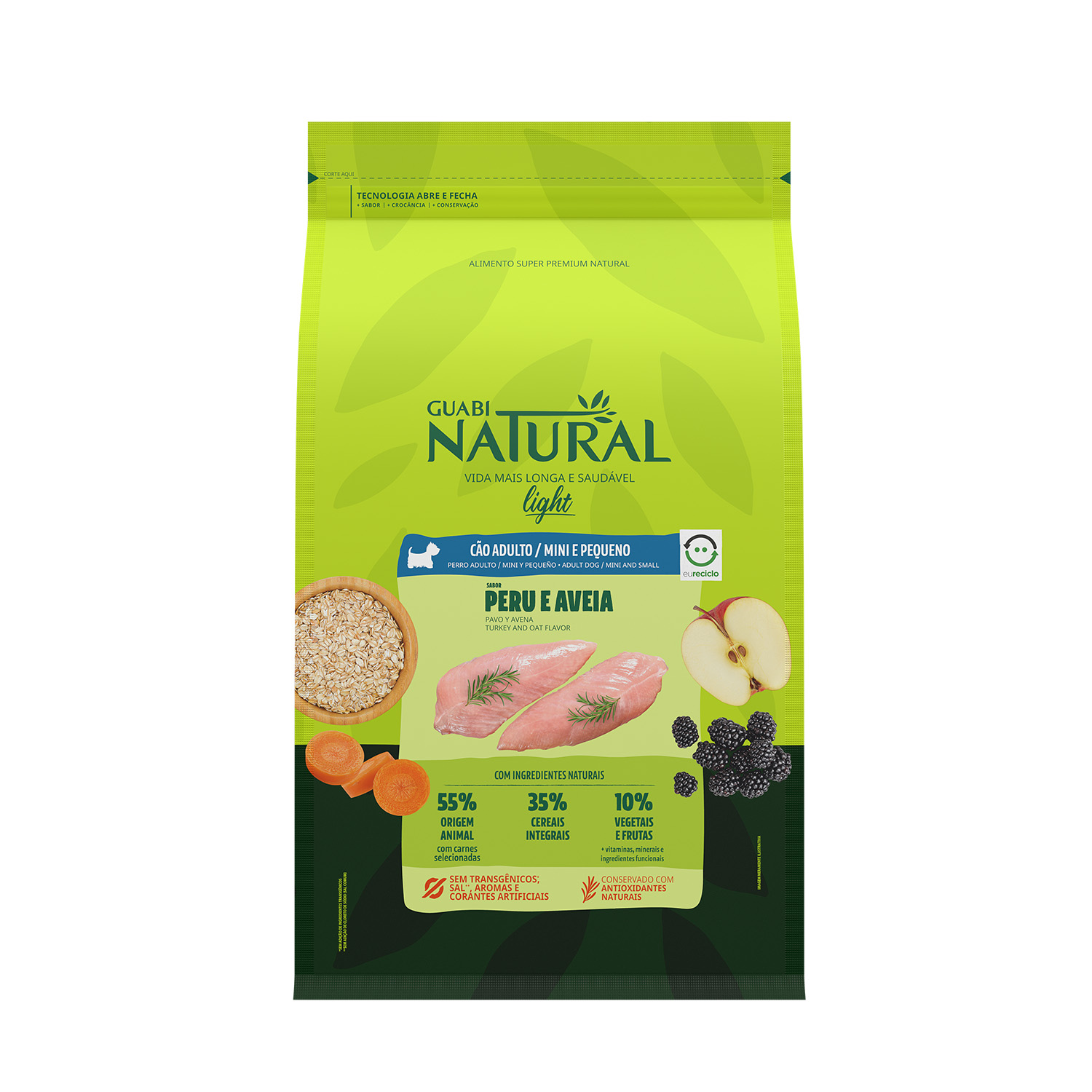 RAÇÃO GUABI NATURAL CÃO ADULTO LIGHT MINI E PEQUENO PERU E AVEIA 2,5KG