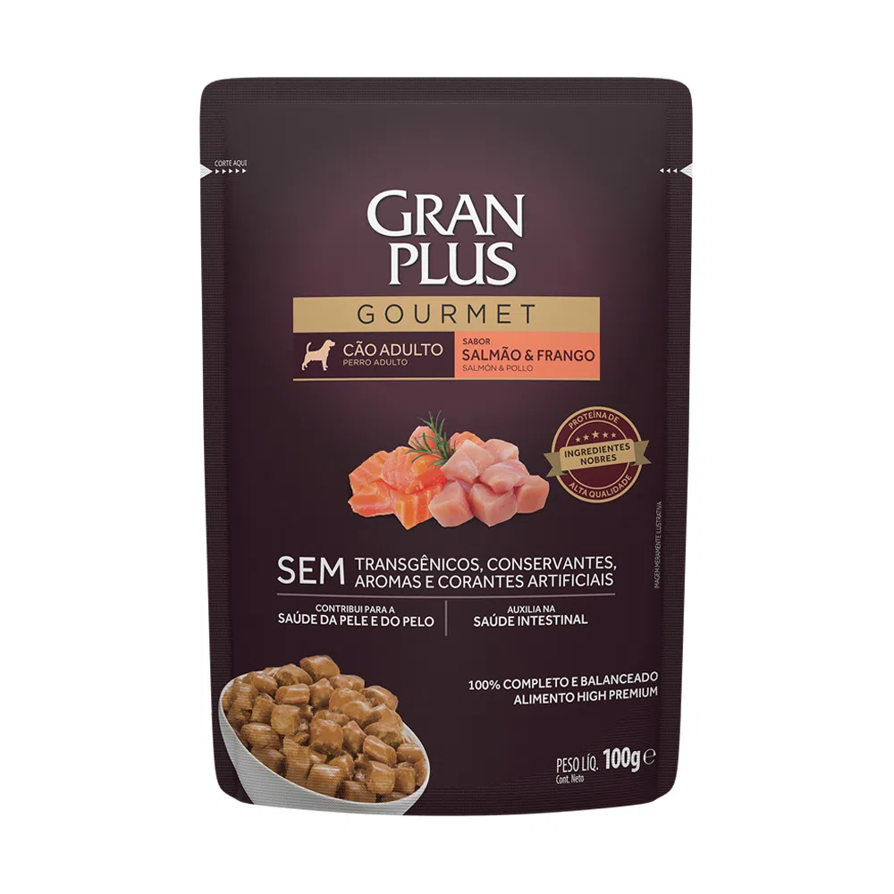 RAÇÃO ÚMIDA GRANPLUS GOURMET SACHÊ CÃO ADULTO SALMÃO E FRANGO 100G