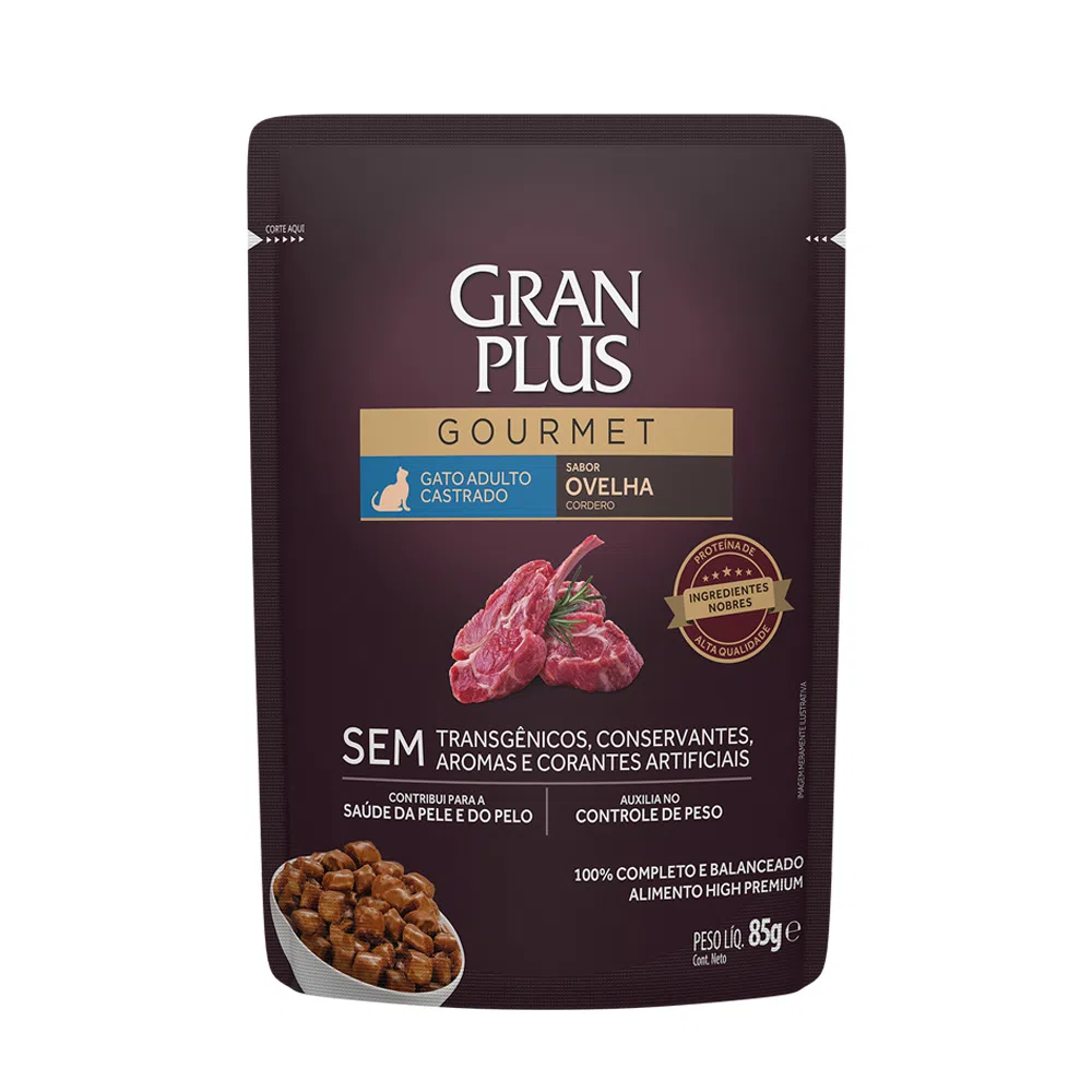 RAÇÃO ÚMIDA GRANPLUS GOURMET SACHÊ GATO CASTRADO OVELHA 85G