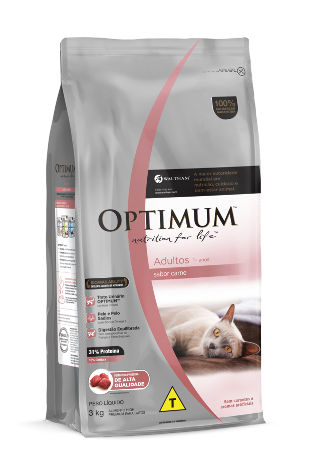 RAÇÃO OPTIMUM PARA GATOS ADULTOS 1+ ANOS CARNE 3KG