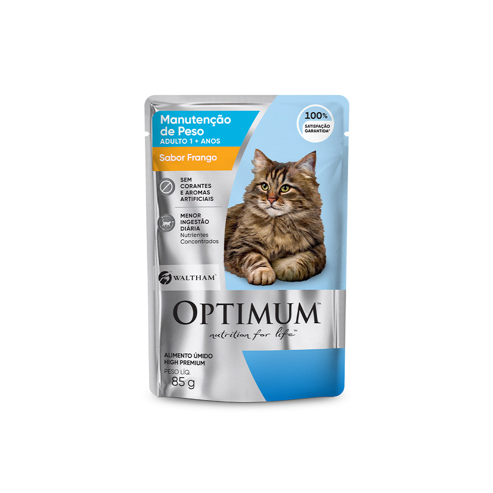 RAÇÃO ÚMIDA OPTIMUM SACHÊ PARA GATOS ADULTOS MANUTENÇÃO DE PESO FRANGO 85G