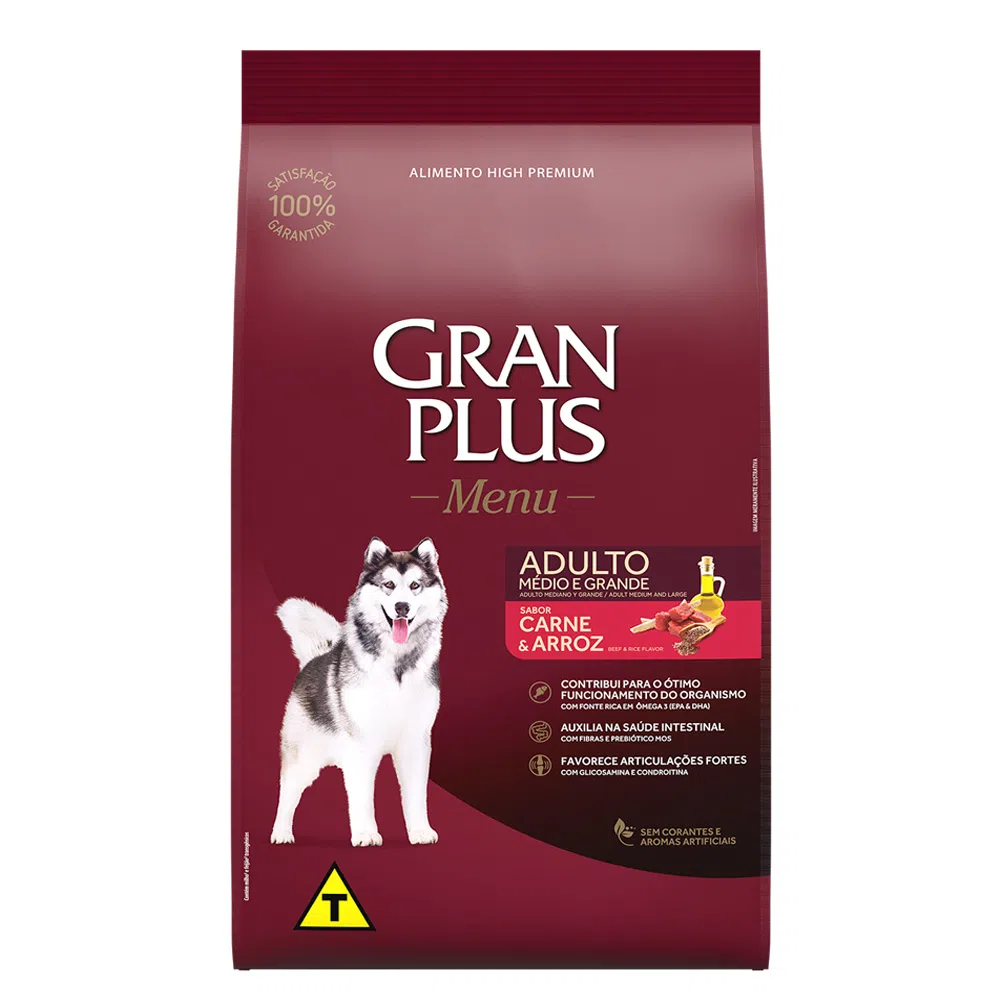 RAÇÃO GRANPLUS MENU CÃO ADULTO MÉDIO E GRANDE CARNE E ARROZ 15KG