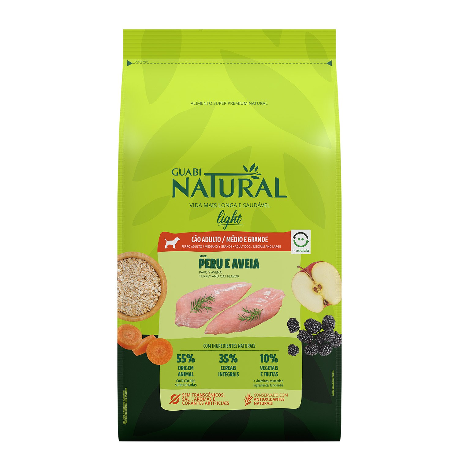 RAÇÃO GUABI NATURAL CÃO ADULTO LIGHT MÉDIO E GRANDE PERU E AVEIA 12KG