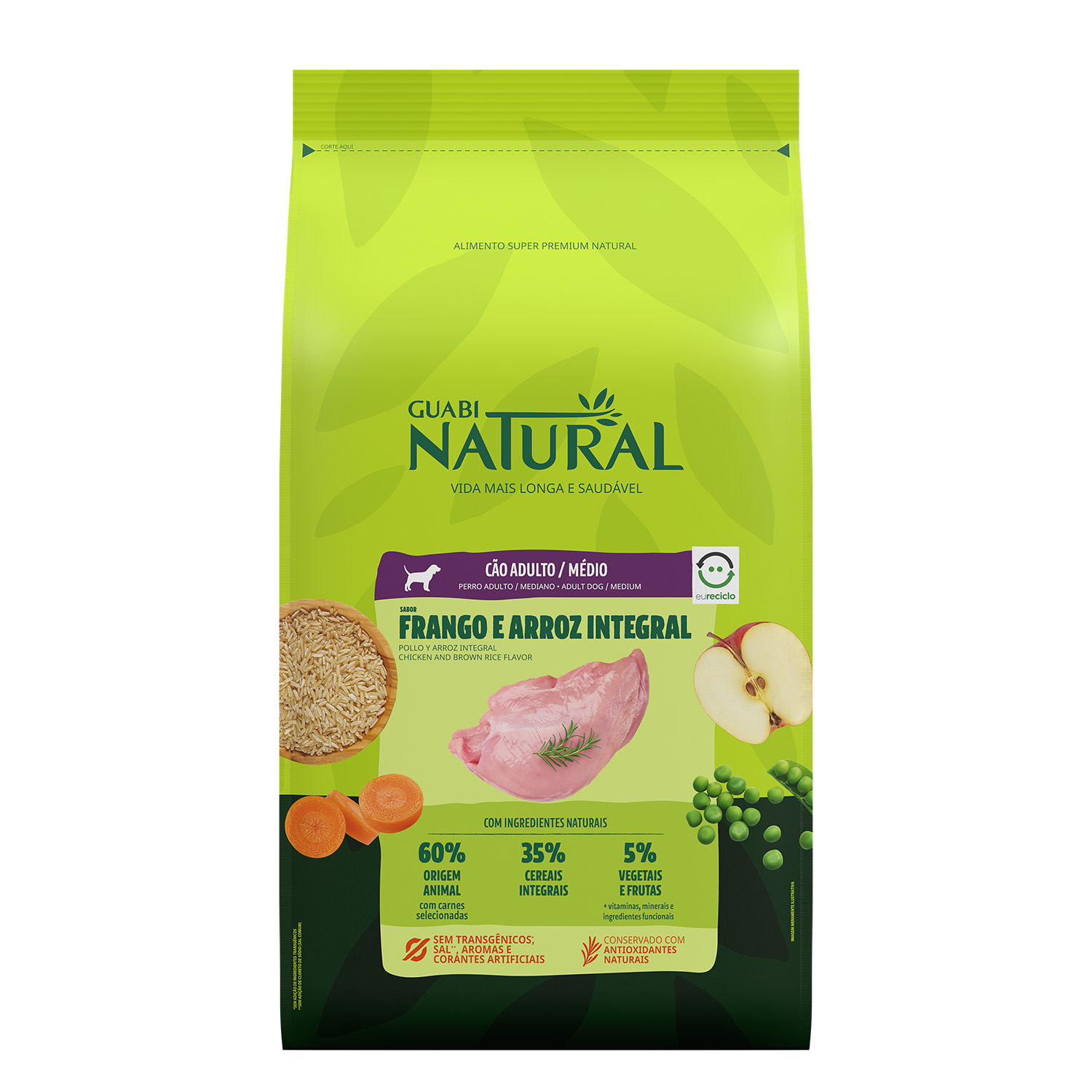 RAÇÃO GUABI NATURAL CÃO ADULTO MÉDIO FRANGO E ARROZ INTEGRAL 20KG