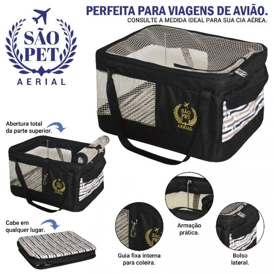 BOLSA AERIAL PARA TRANSPORTE DE CÃES OU GATOS EM AVIÃO PRETA 36XX33X23CM