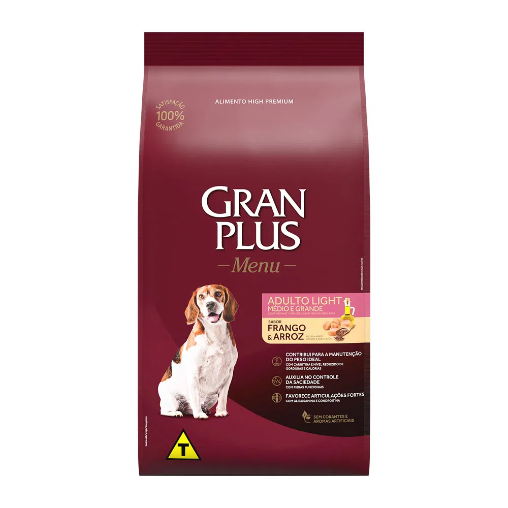 RAÇÃO GRANPLUS MENU CÃO ADULTO LIGHT MÉDIO E GRANDE FRANGO E ARROZ 15KG