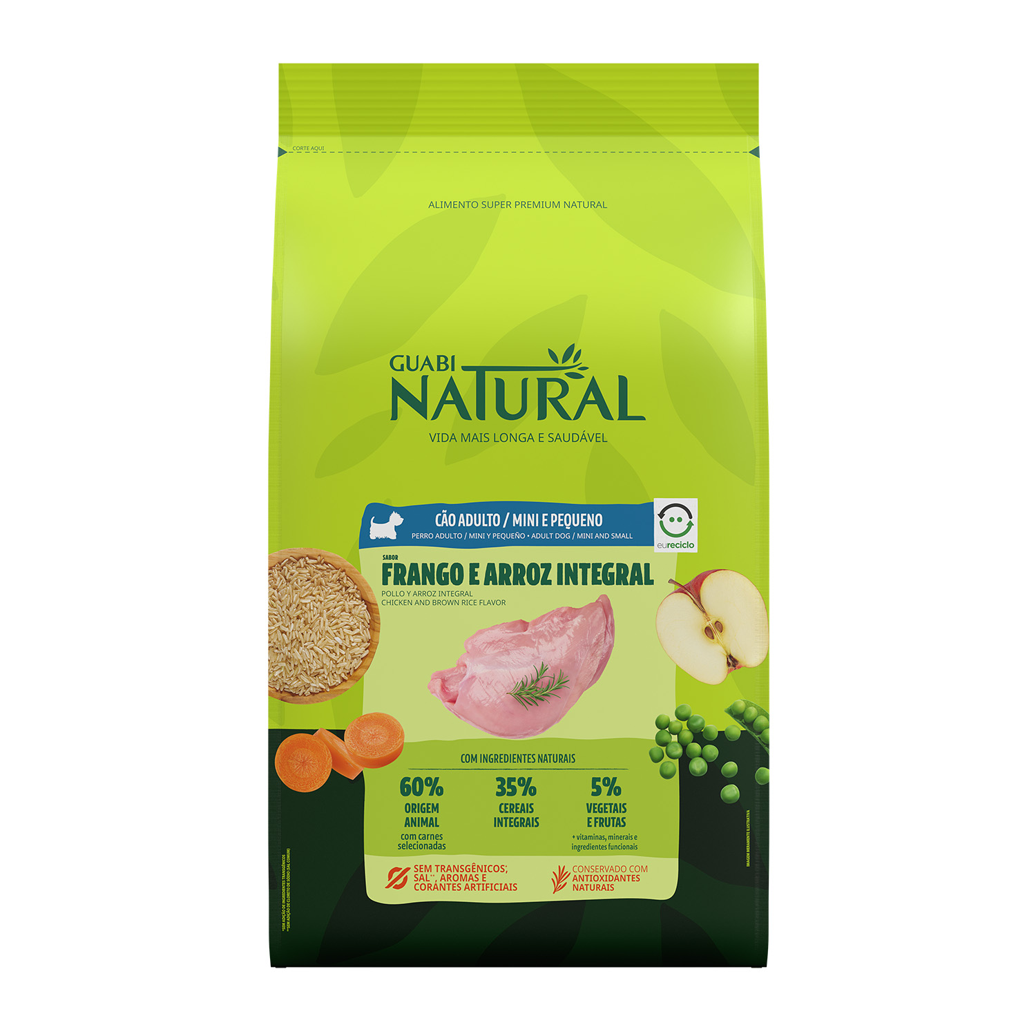 RAÇÃO GUABI NATURAL CÃO ADULTO MINI E PEQUENO FRANGO E ARROZ INTEGRAL 20KG