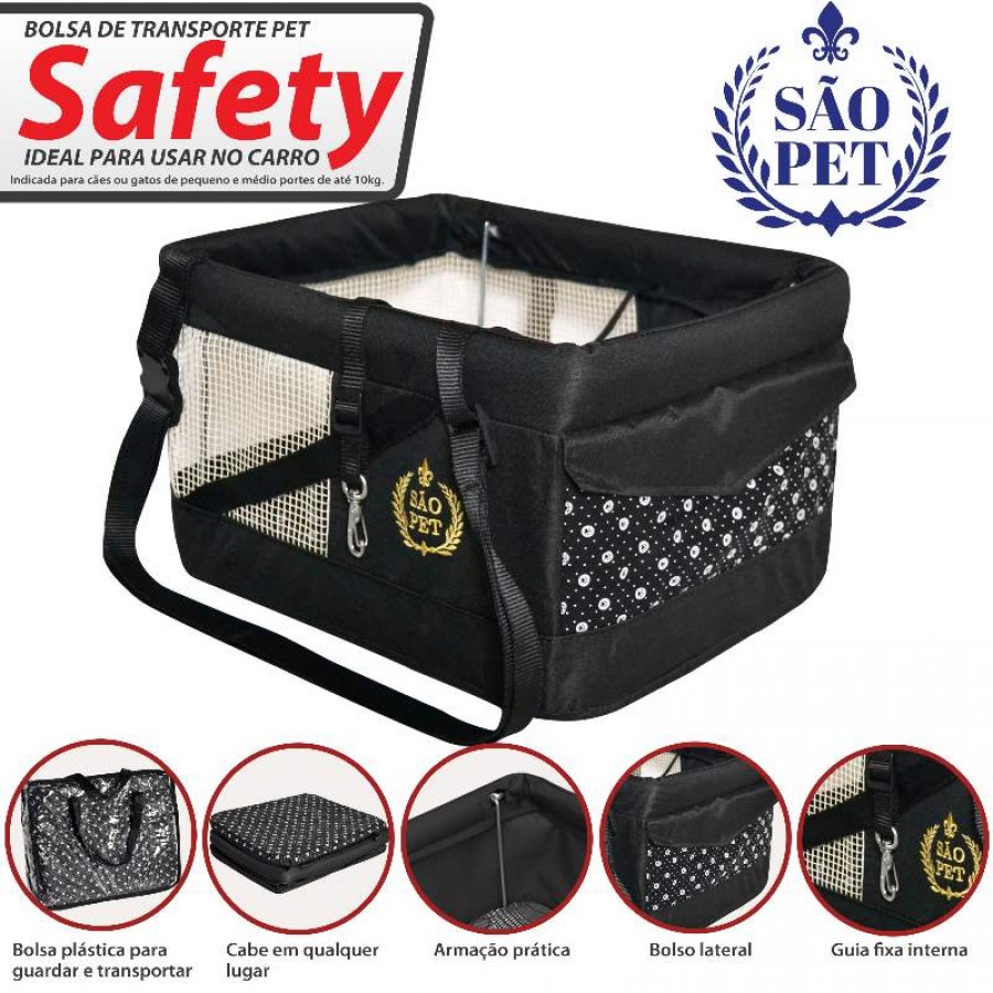 BOLSA DE TRANSPORTE SAFETY PARA CÃES E GATOS PRETA IDEAL PARA USAR NO CARRO - SÃO PET