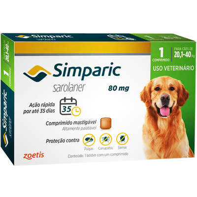 ANTIPULGAS SIMPARIC 80MG PARA CÃES 20,1 A 40KG 1 COMPRIMIDO