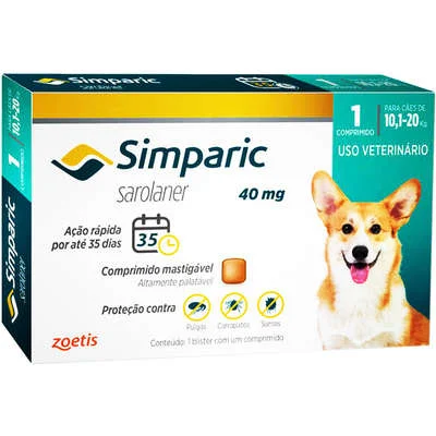 ANTIPULGAS SIMPARIC 40MG PARA CÃES 10,1 A 20KG 1 COMPRIMIDO