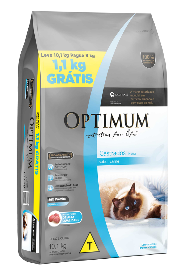 RAÇÃO OPTIMUM PARA GATOS ADULTOS CASTRADOS 1+ ANOS CARNE LEVE 10.1KG PAGUE 9KG