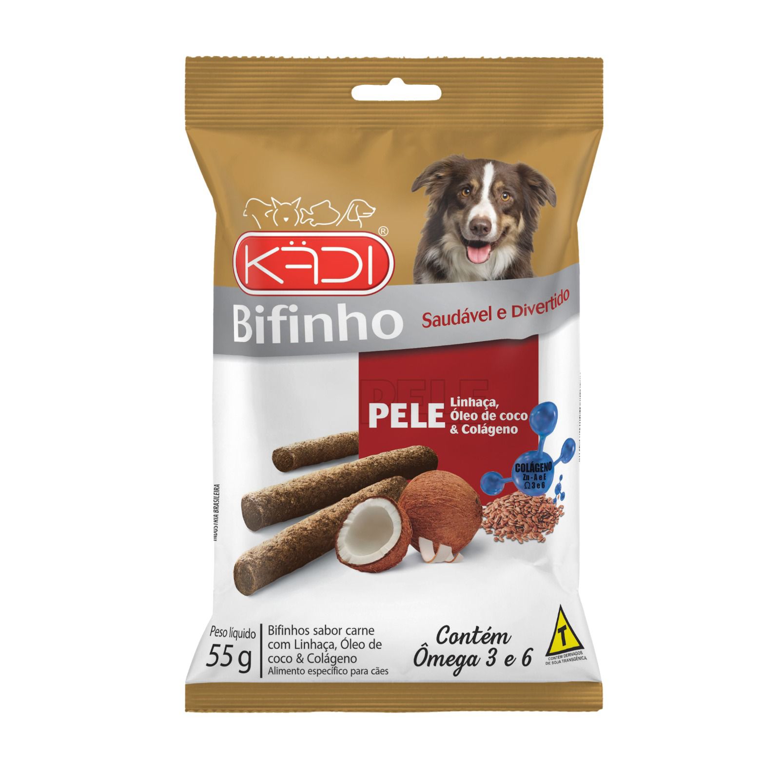 SNACK PARA CÃES BIFINHO KADI PELE SABOR CARNE COM LINHAÇA, ÓLEO DE COCO E COLÁGENO 55G - KADI