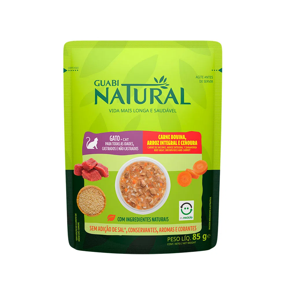 RAÇÃO ÚMIDA GUABI NATURAL GATO CARNE, ARROZ E CENOURA 85G