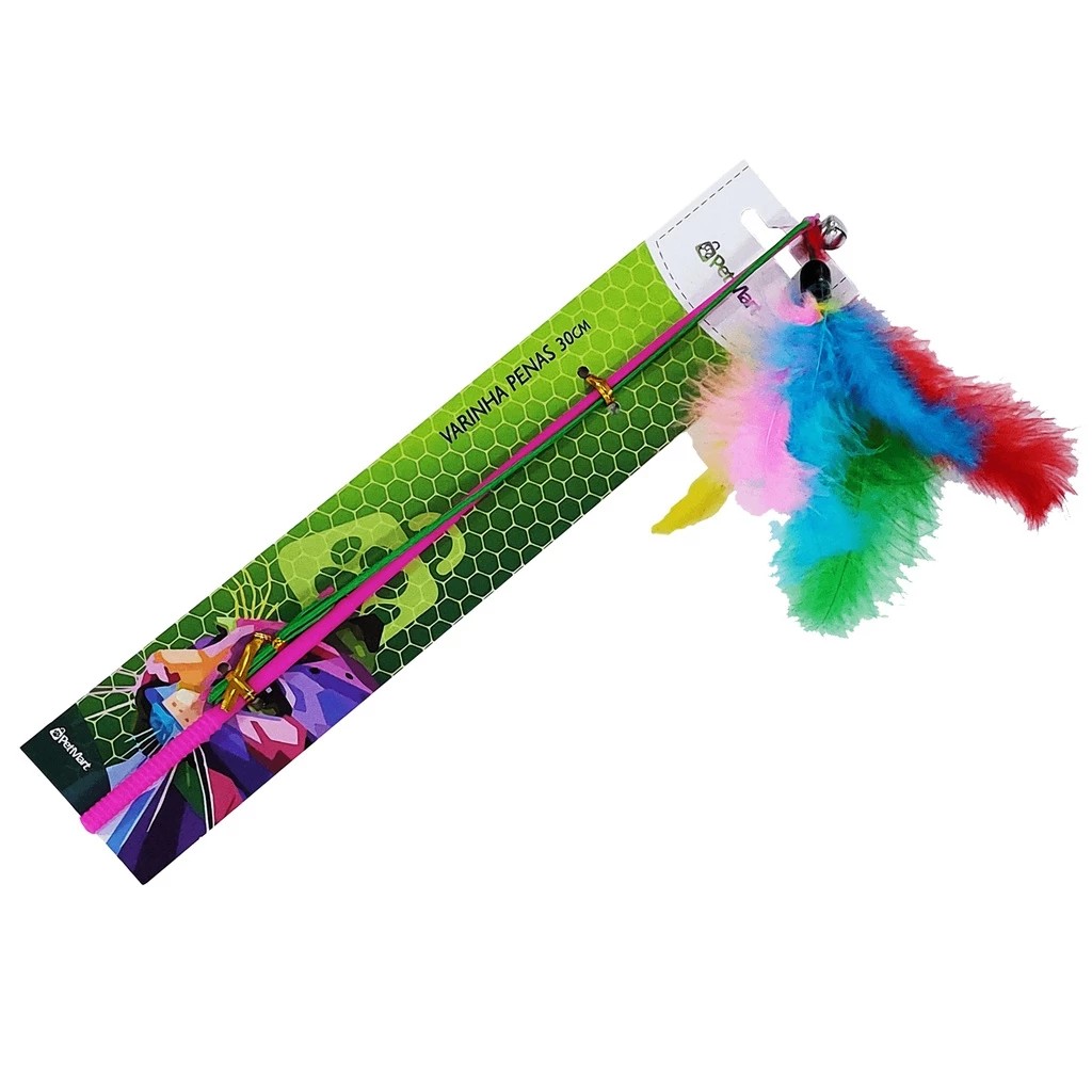 BRINQUEDO PARA GATOS VARINHA PENAS COLORIDAS 30CM