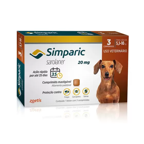 ANTIPULGAS SIMPARIC 20MG PARA CÃES 5,1 A 10KG 3 COMPRIMIDOS