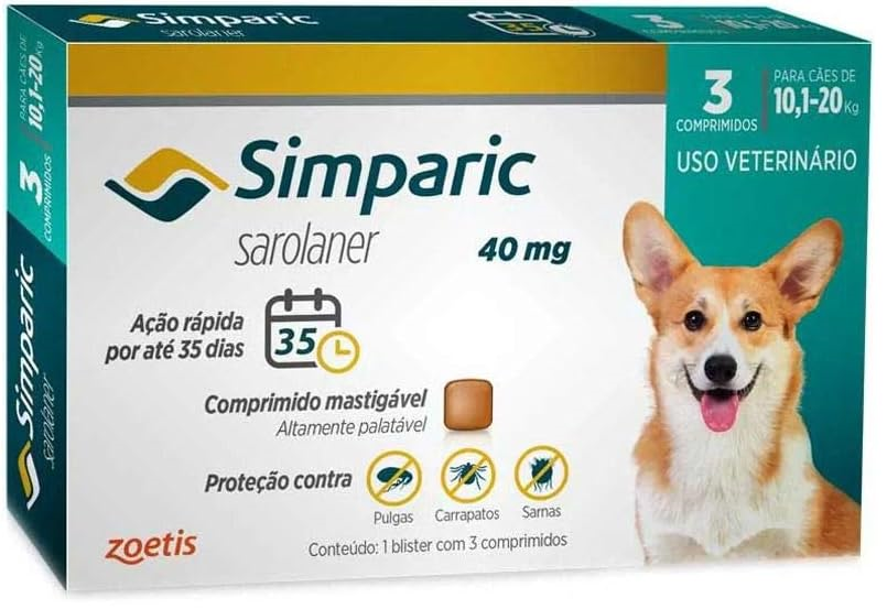 ANTIPULGAS SIMPARIC 40MG PARA CÃES 10,1 A 20KG 3 COMPRIMIDOS