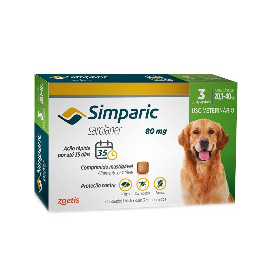 ANTIPULGAS SIMPARIC 80MG PARA CÃES 20,1 A 40KG 3 COMPRIMIDOS