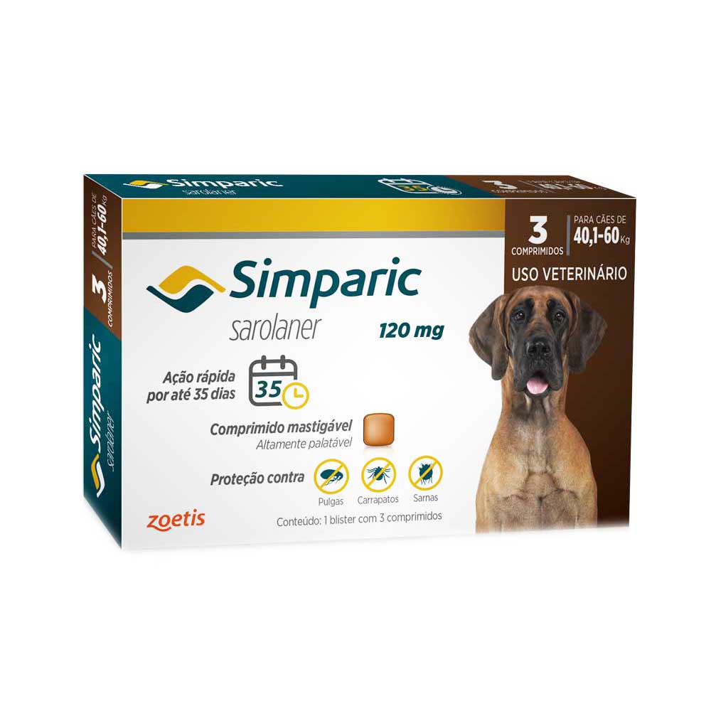 ANTIPULGAS SIMPARIC 120MG PARA CÃES 40 A 60KG 3 COMPRIMIDOS