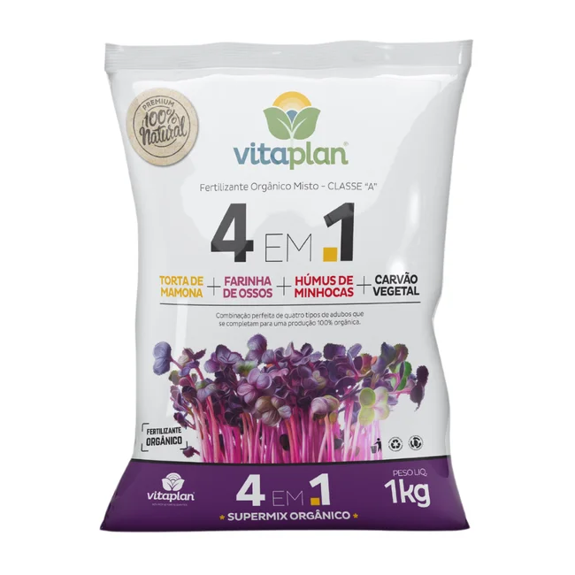 FERTILIZANTE ORGÂNICO 4 EM 1 TORTA DE MAMONA + FARINHA DE OSSO + HÚMUS DE MINHOCAS + CARVÃO VEGETAL 1KG - VITAPLAN