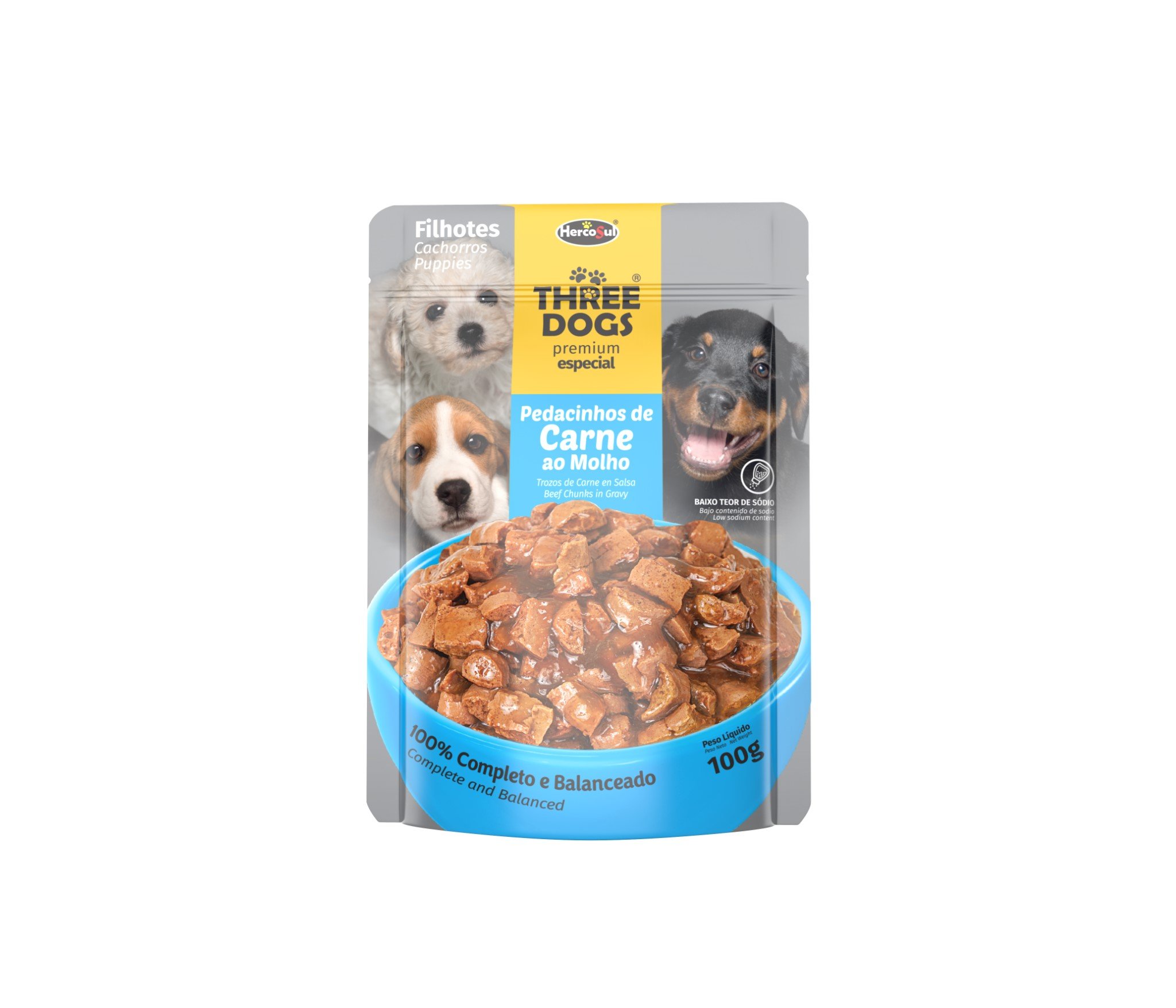 RAÇÃO ÚMIDA SACHÊ THREE DOGS ORIGINAL CÃES FILHOTE PEDACINHOS DE CARNE AO MOLHO 100G