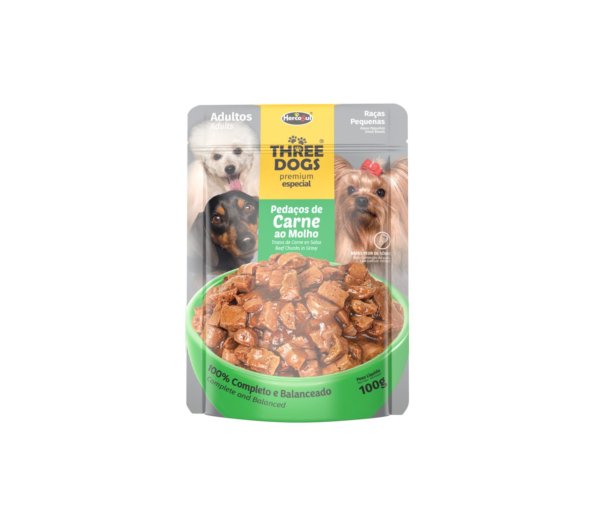 RAÇÃO ÚMIDA SACHÊ THREE DOGS ORIGINAL CÃES ADULTO RAÇAS PEQUENAS E MINI PEDAÇOS DE CARNE AO MOLHO 100G