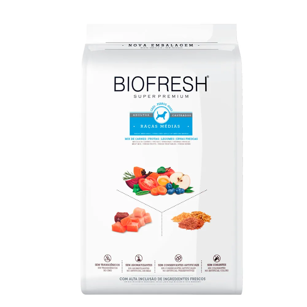 RAÇÃO BIOFRESH SUPER PREMIUM CÃES CASTRADOS RAÇAS MÉDIAS 10,1KG