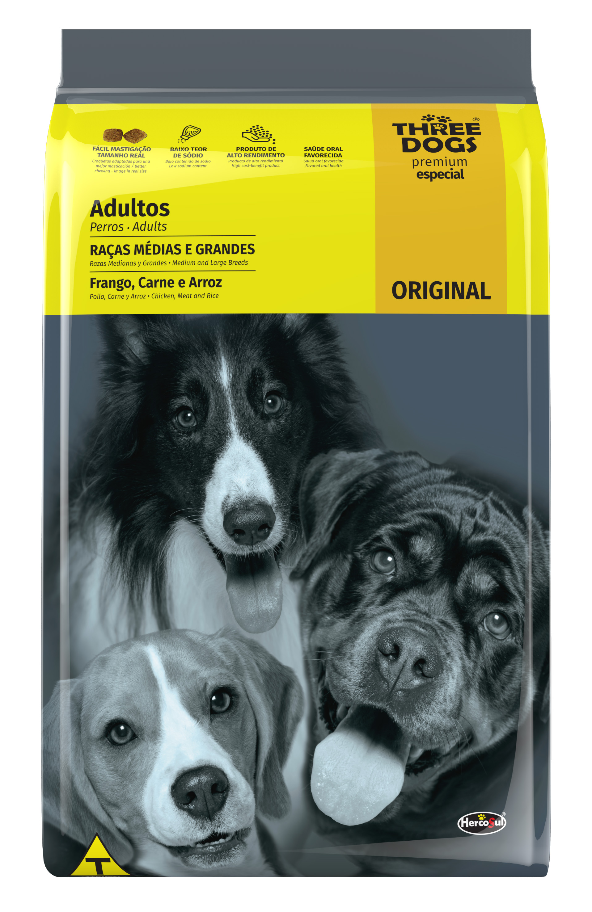 RAÇÃO THREE DOGS ORIGINAL FRANGO, CARNE E ARROZ CÃES ADULTOS RAÇAS MÉDIAS E GRANDES 15KG