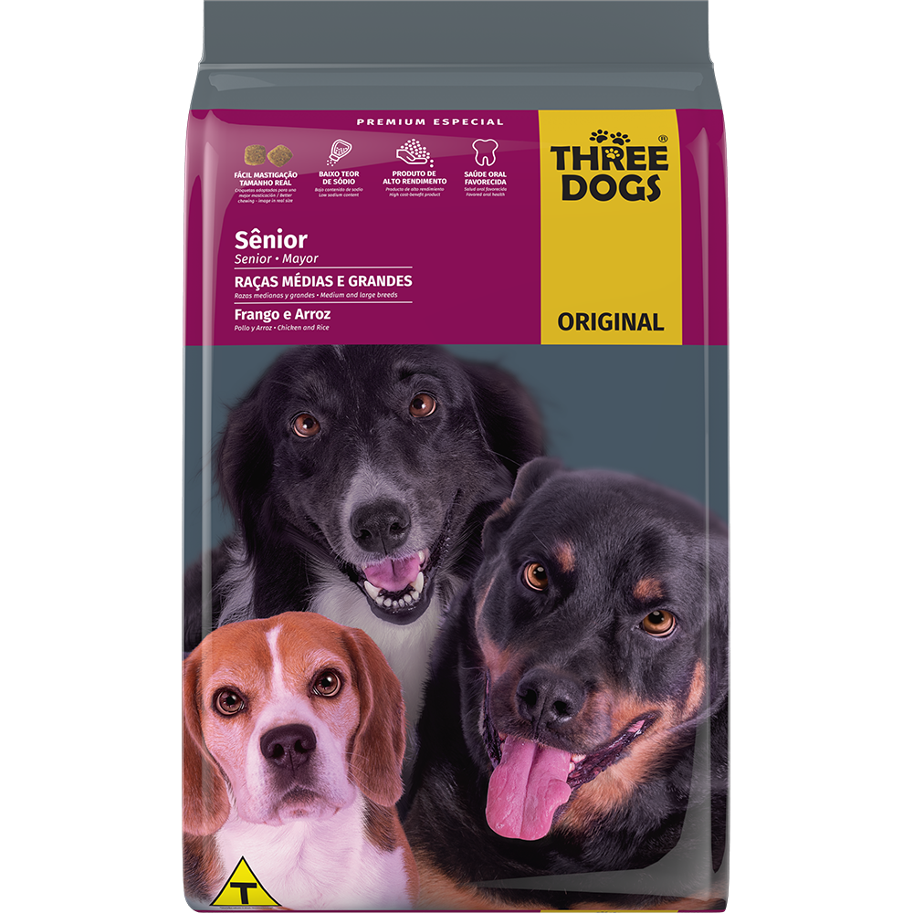 RAÇÃO THREE DOGS ORIGINAL FRANGO E ARROZ CÃES SÊNIOR RAÇAS MÉDIAS E GRANDES 15KG