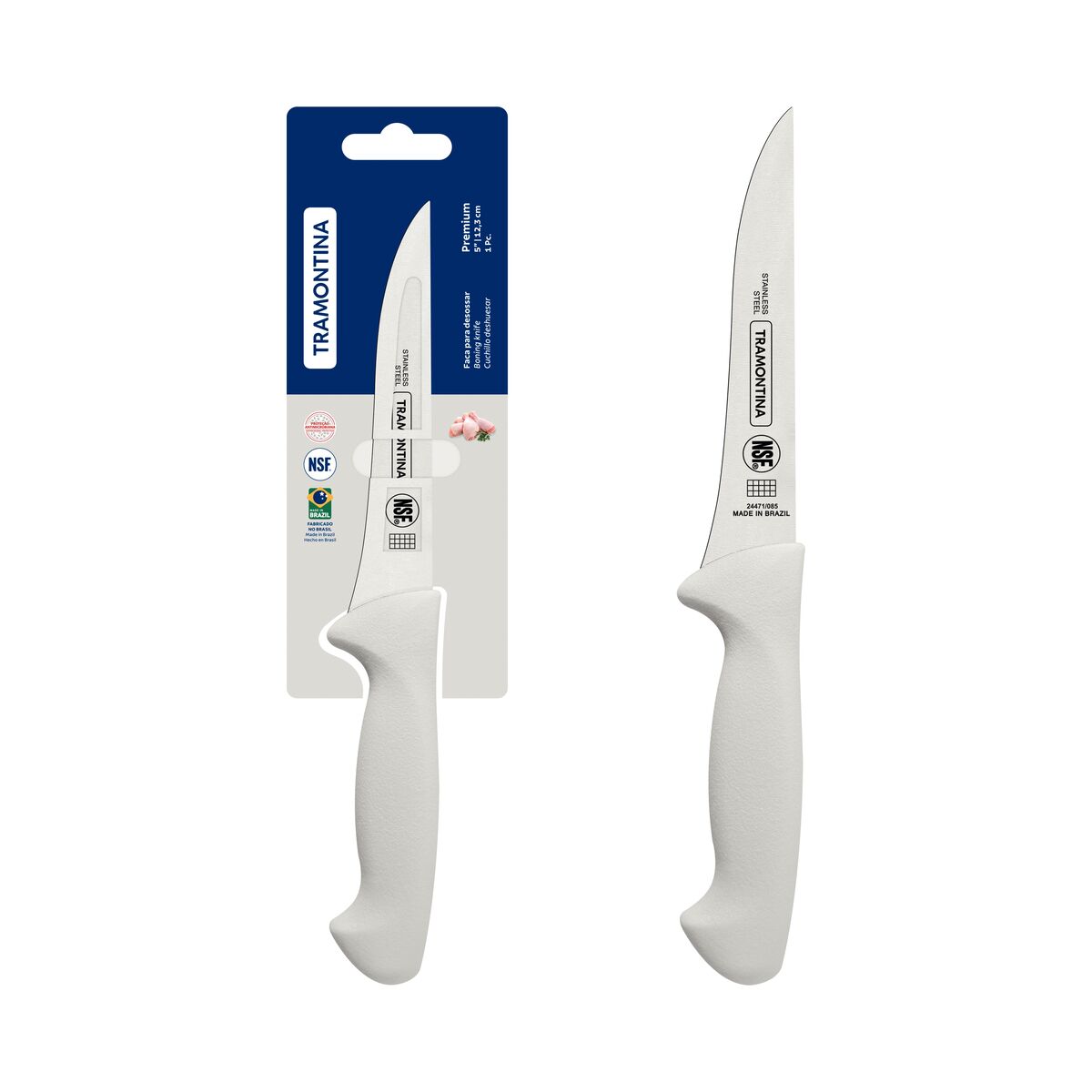 FACA PARA DESOSSAR TRAMONTINA PREMIUM COM LÂMINA EM AÇO INOX E CABO DE POLIPROPILENO BRANCO 5” - 24471185