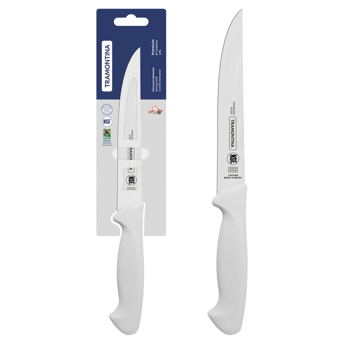 FACA PARA DESOSSAR TRAMONTINA PREMIUM COM LÂMINA EM AÇO INOX E CABO DE POLIPROPILENO BRANCO 6” - 24474186