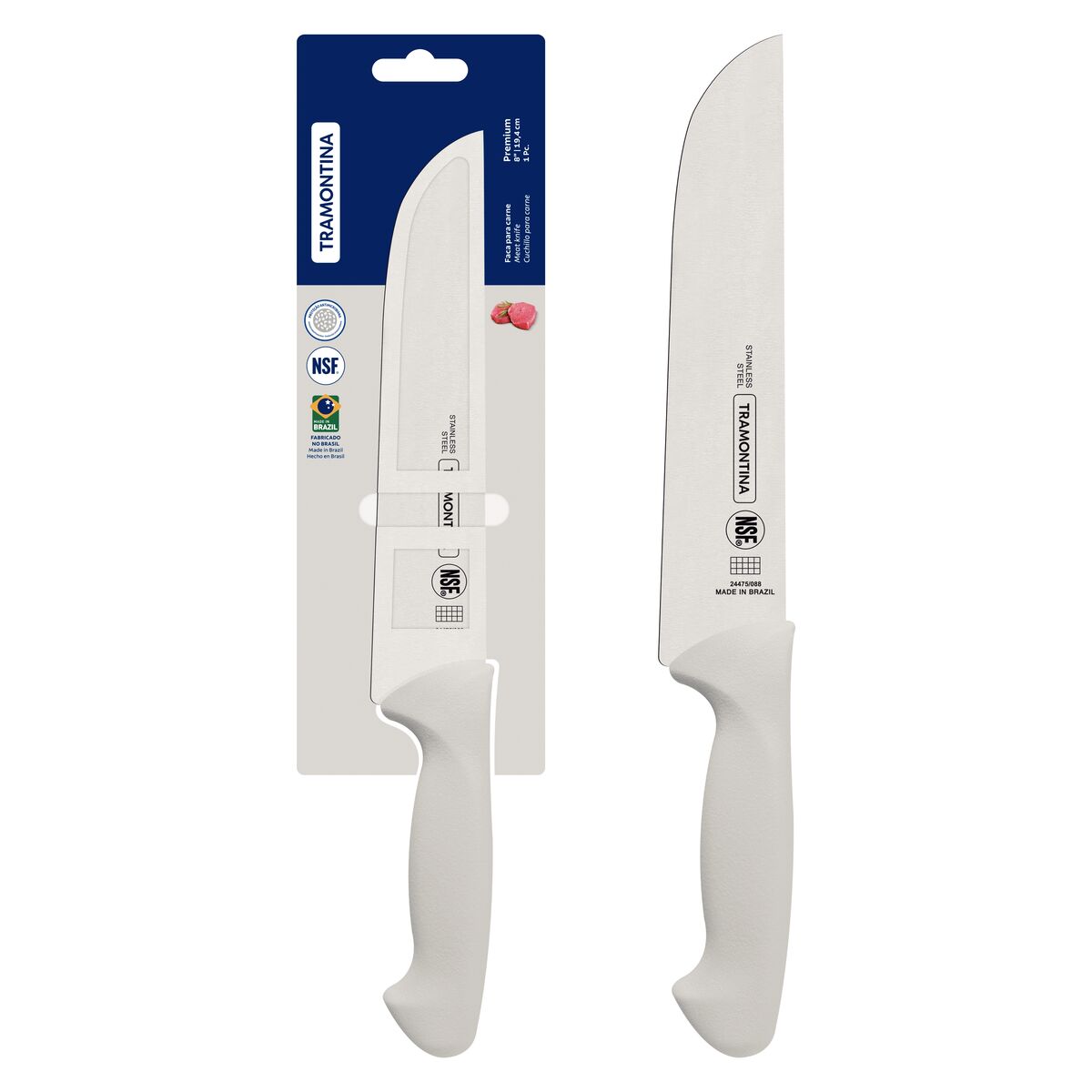 FACA PARA CARNE TRAMONTINA PREMIUM COM LÂMINA DE AÇO INOX E CABO DE POLIPROPILENO BRANCO 8” - 24475188