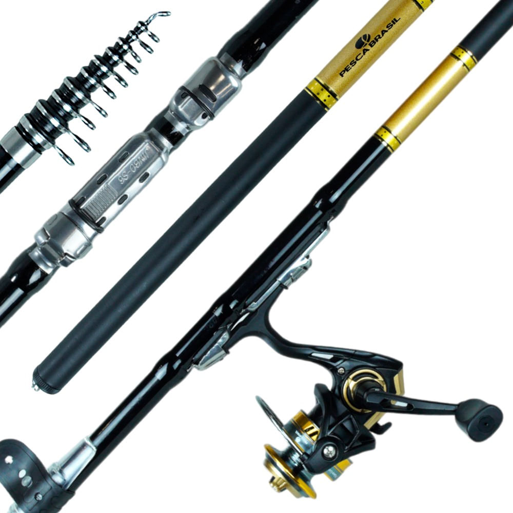 COMBO VARA E MOLINETE LEAF ULTRA LIGHT ESTRUTURA TELESCÓPICA 2,4M PESCA EM RIOS E LAGOS PRETO - PESCA BRASIL