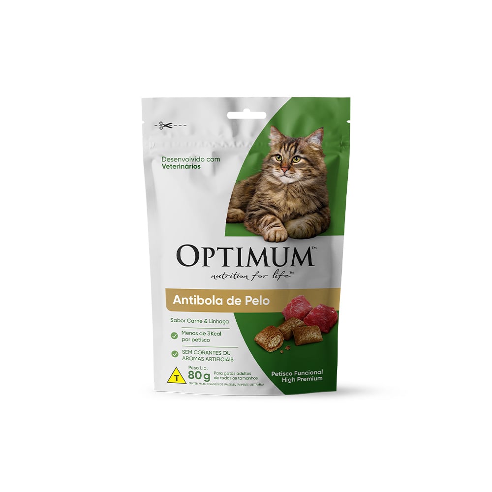 PETISCO OPTIMUM GATOS ADULTOS ANTI BOLA DE PELO CARNE E LINHAÇA 80G