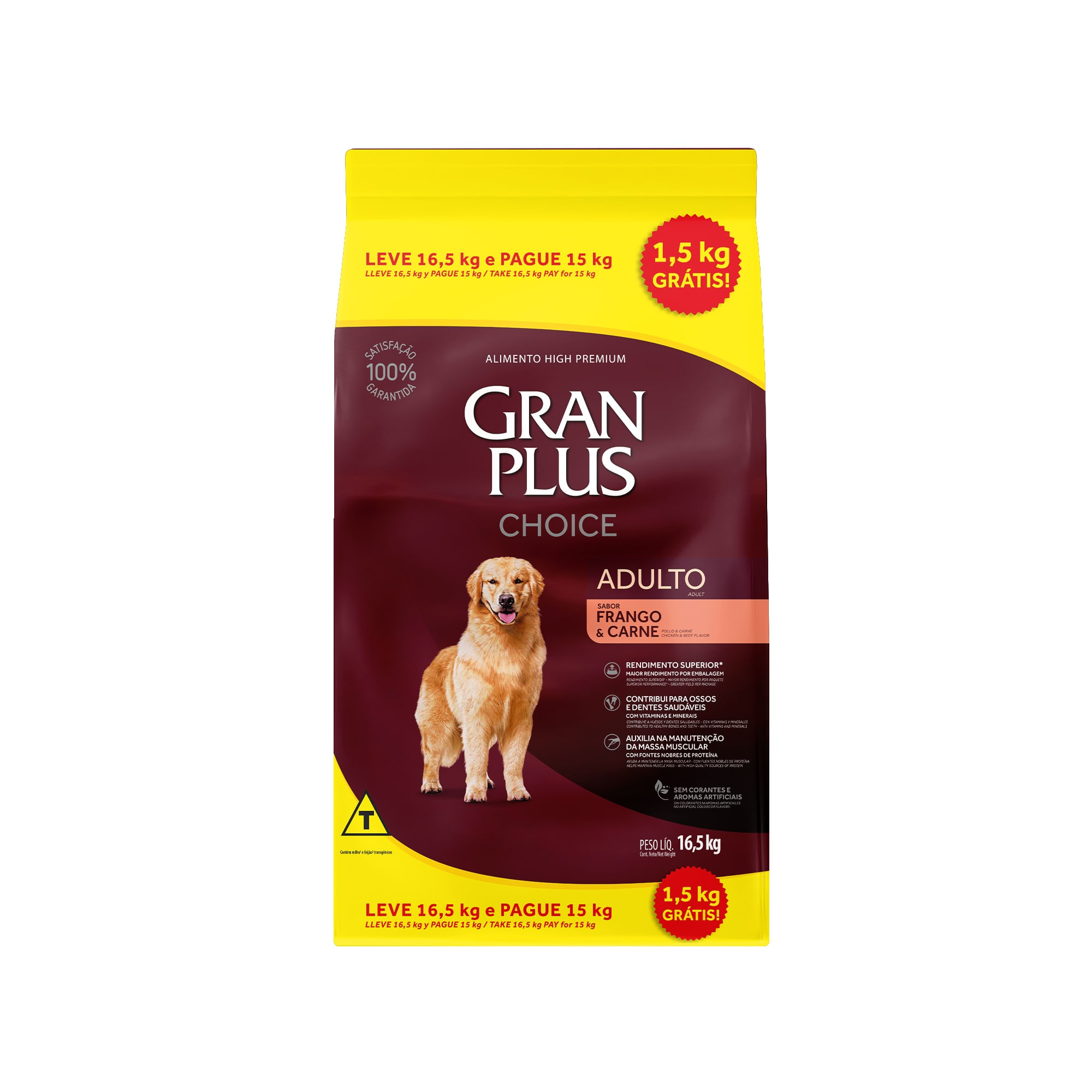 RAÇÃO GRANPLUS CHOICE CÃO ADULTO FRANGO E CARNE PAGUE 15KG LEVE 16,5KG