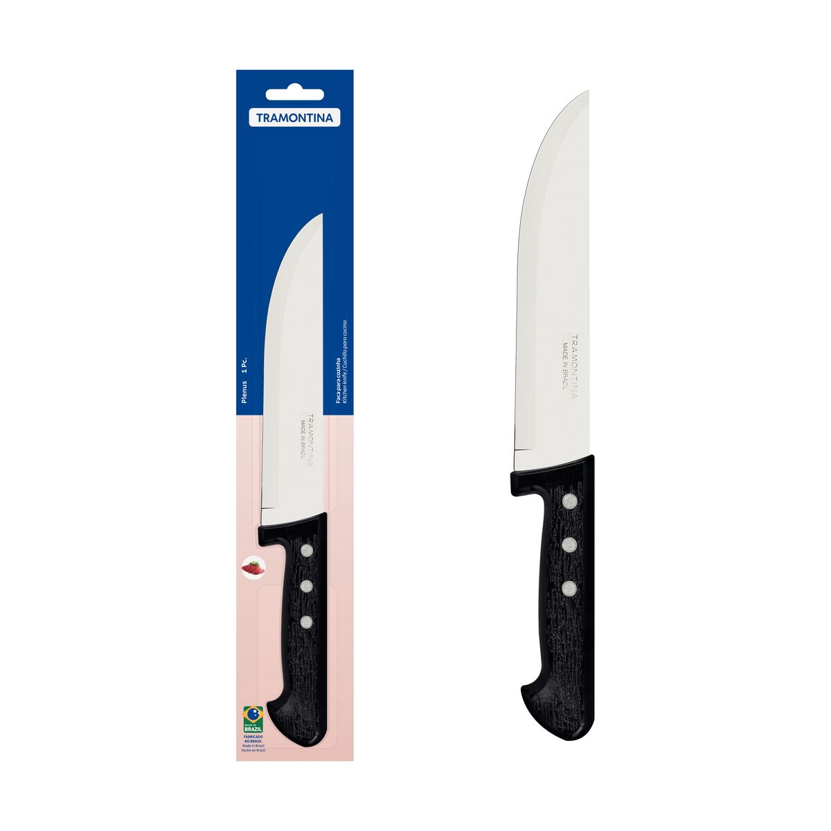 FACA PARA COZINHA TRAMONTINA PLENUS COM LÂMINA EM AÇO INOX E CABO DE POLIPROPILENO PRETO 7” - 22921107