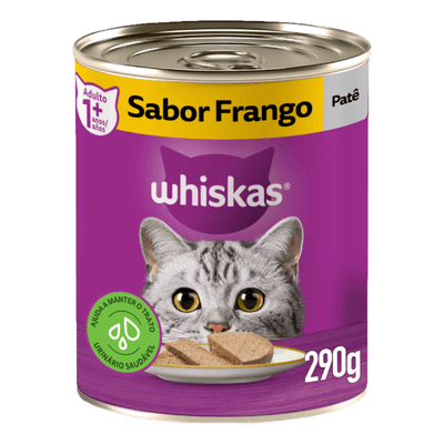 RAÇÃO ÚMIDA WHISKAS LATA PATÊ DE FRANGO PARA GATOS ADULTOS 290G