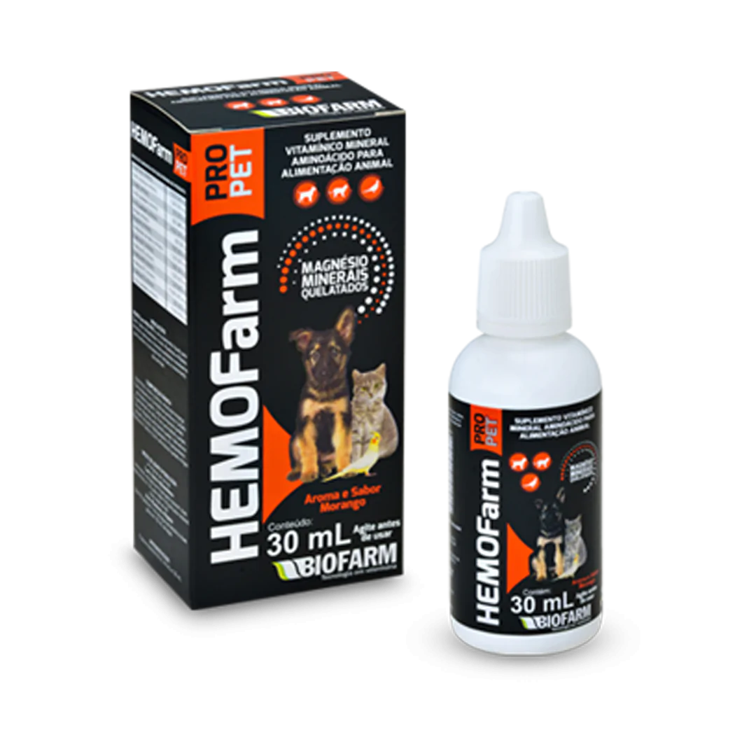 SUPLEMENTO VITAMÍNICO MINERAL AMINOÁCIDOS PARA ALIMENTAÇÃO ANIMAL PARA CÃES E GATOS HEMOFARM PRO 30ML - BIOFARM